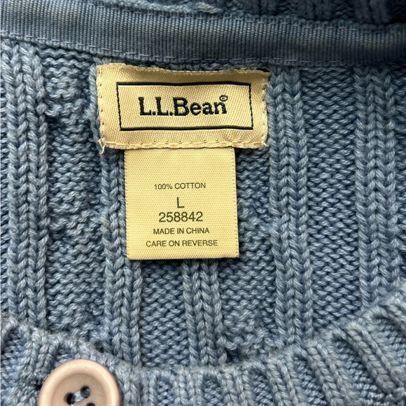 L.L. Bean Cable Knit Sweater Large Cotton Cornflower Blue  Crew Neck Cardigan - Picture 7 of 8